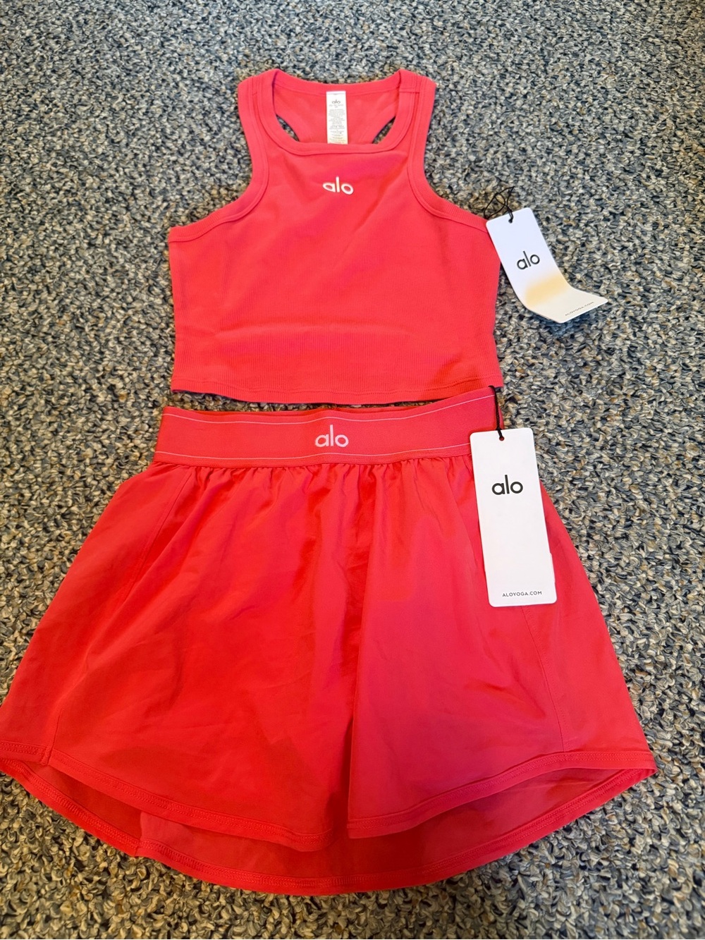 NWT ALO YOGA Candy Red Set: Match Point Skirt and Aspire Tank Top